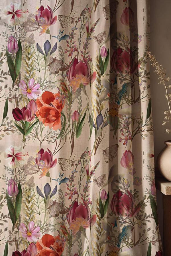 Botanical Linen Curtain: Wildflower Butterfly Print, Vintage Cottagecore Drapes