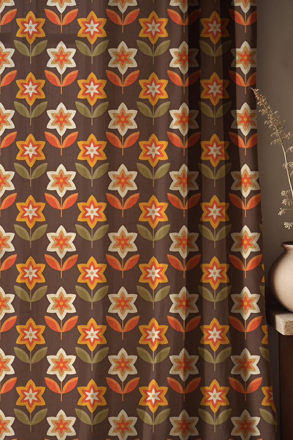 Retro Floral Linen Curtain: 70s Orange Flower Drapes