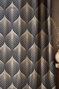 Art Deco Linen Curtain: Navy Beige Leaf Print, Geometric Drapes - Image 1