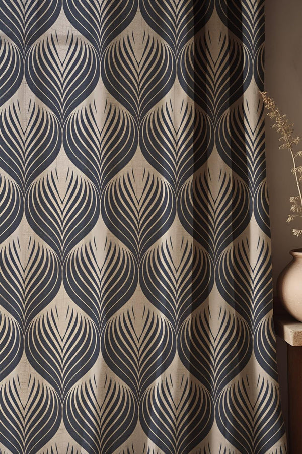 Art Deco Linen Curtain: Navy Beige Leaf Print, Geometric Drapes