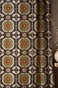 Retro Floral Linen Curtain: 70s Olive Green & Rust Red Drapes - Image 1