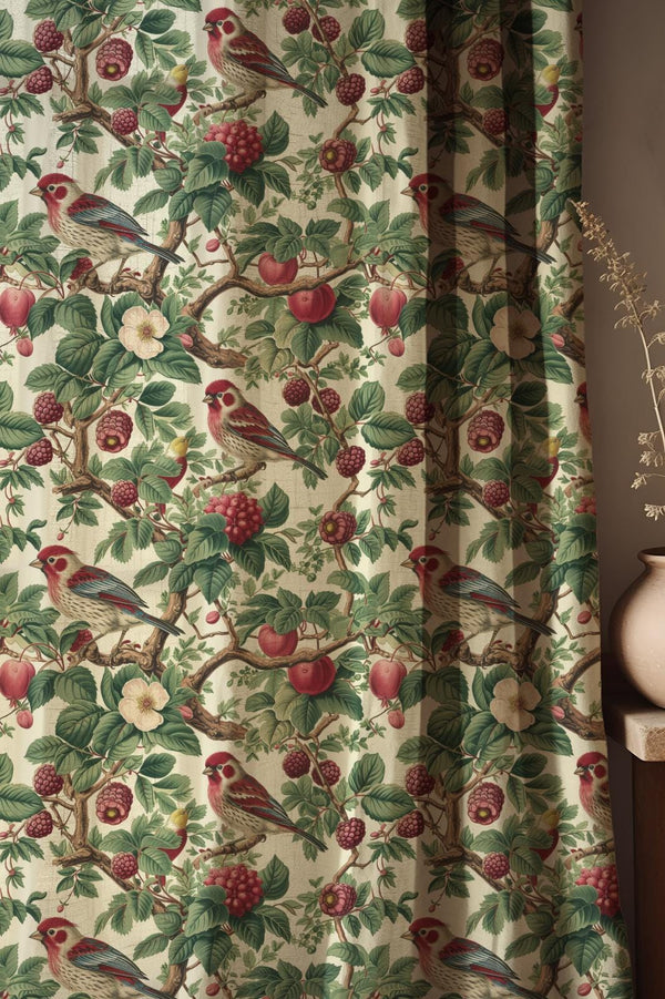 William Morris Style Linen Curtain: Bird and Berry Botanical Print