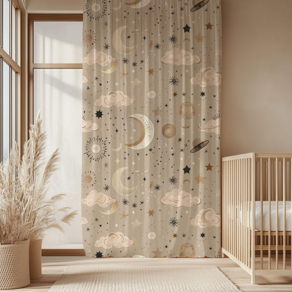Celestial Sheer Curtain: Moon and Stars Nursery Decor