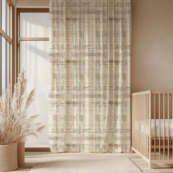 Neutral Grid Sheer Fabric Curtain – Minimalist Light Filtering Nursery Panel – Modern Beige Window Drapery
