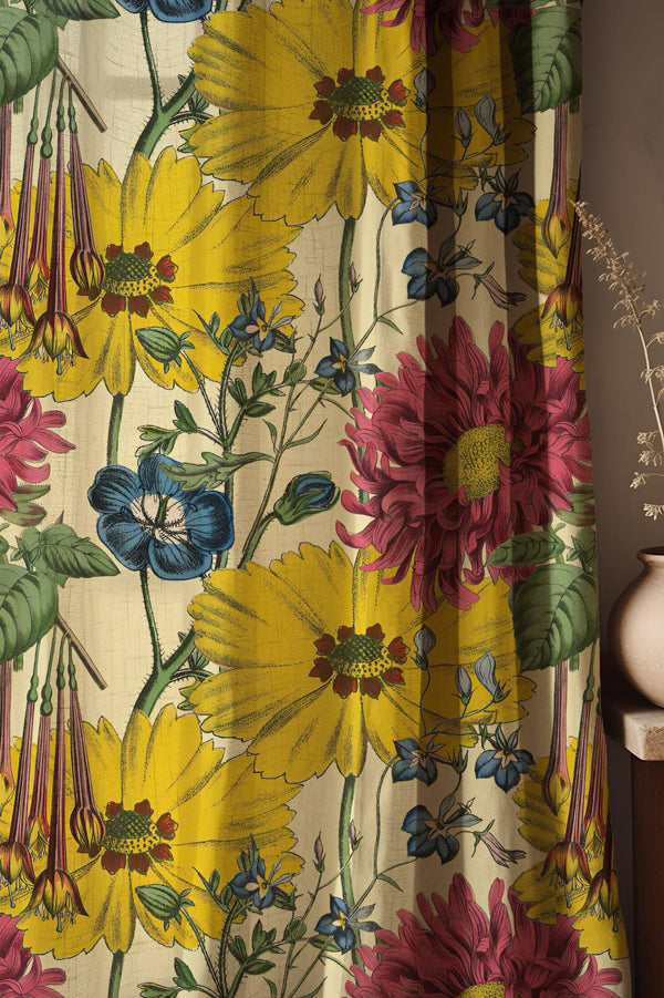 Vintage Floral Linen Curtain: Bold Botanical Print, Yellow, Red & Blue