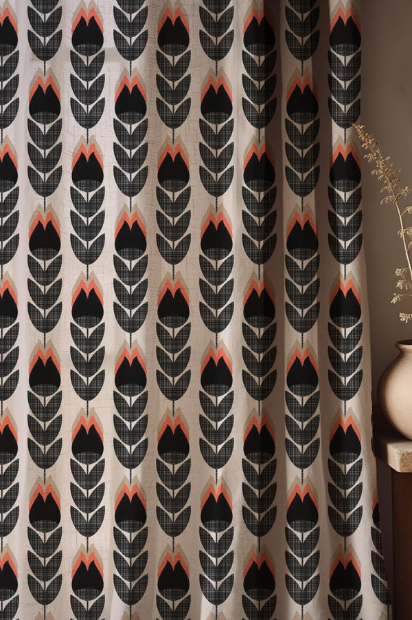 Retro Linen Curtain: Black and Coral Tulip Print, Mid-Century Modern Drapes