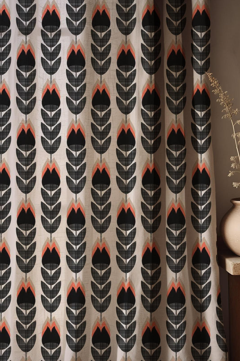 Retro Linen Curtain: Black and Coral Tulip Print, Mid-Century Modern Drapes