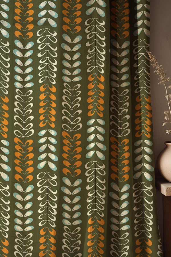 Retro Linen Curtain: Mid-Century Modern Olive Green Leaf Print