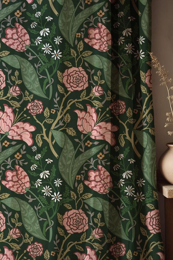 William Morris Garden Curtain: Botanical Roses, Tulips, Daisies - Green Linen Blend