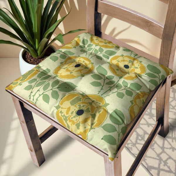 Retro Floral Chair Cushion: Yellow Poppy Print, Handmade Cotton Linen Seat Pad