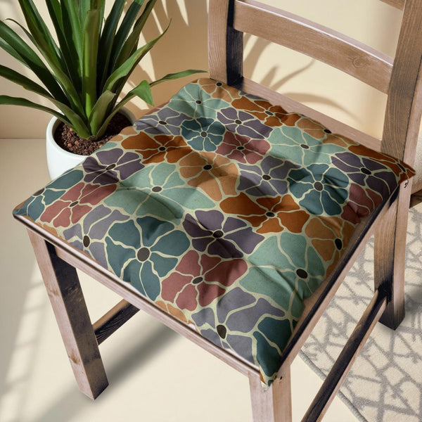 Geometric Floral Chair Cushion: Retro Multicolor Cotton Linen Seat Pad