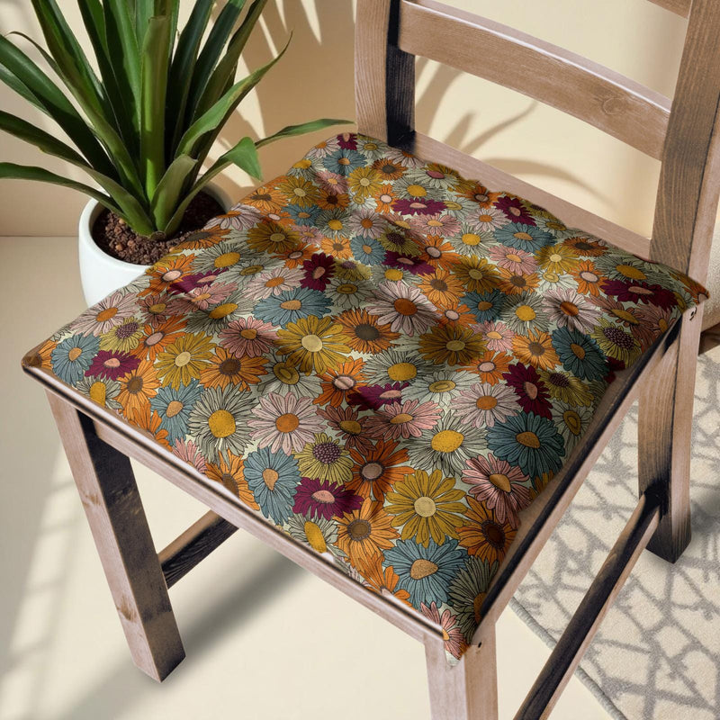 Daisy Chair Cushion: Retro Floral Linen Seat Pad - Boho Garden Decor