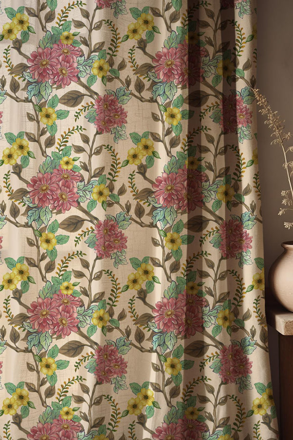 Vintage Floral Linen Curtain: Pink & Yellow Botanical Print, Cottage Decor