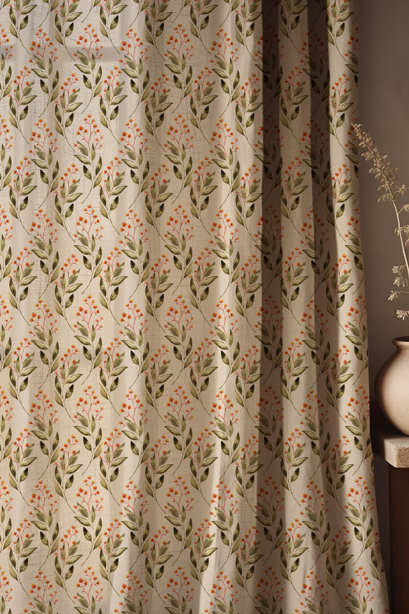 Botanical Linen Curtain: Olive Green & Orange Floral Print