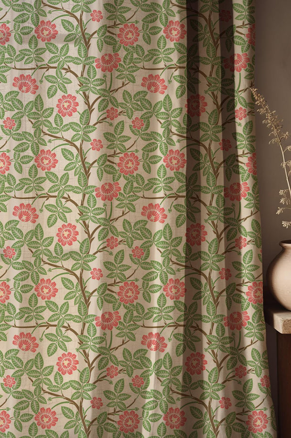 Vintage Floral Linen Curtain: Coral Pink Flower Print, Cottage Decor