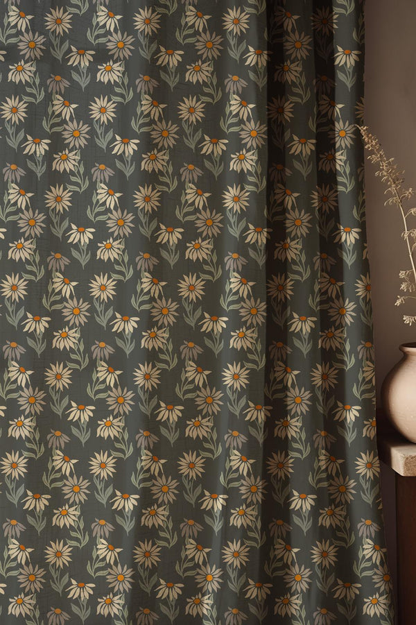 Dark Floral Linen Curtain: Beige & Orange Daisy Print - Cottagecore Decor