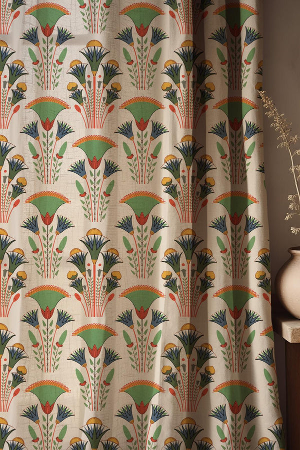 Floral Linen Curtain: Boho Art Deco Green, Blue & Tangerine