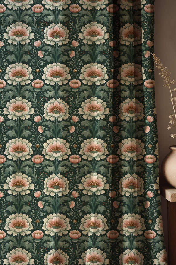 Morris Style Floral Linen Curtain: Dark Green & Blush Botanical Drapery