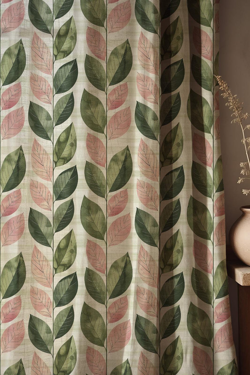 Scandi Leaf Linen Curtain – Soft Green & Blush Pink Botanical Drapery – Minimal Nature-Inspired
