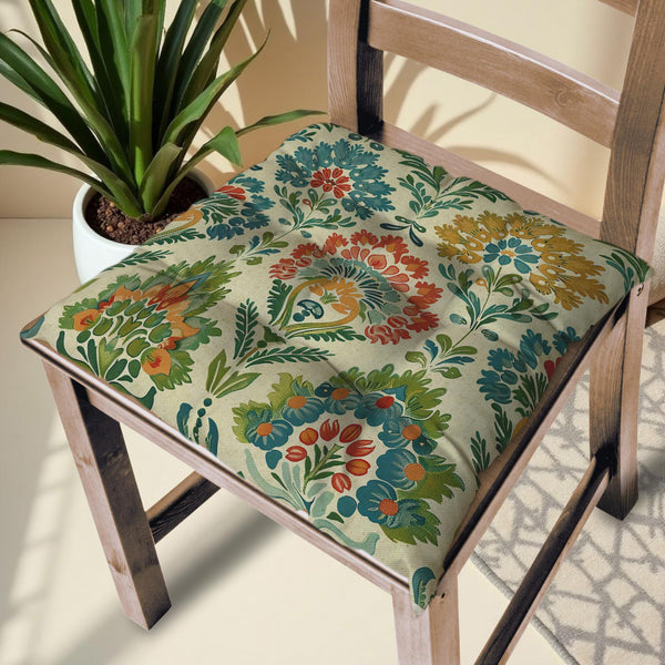 Floral Linen Chair Cushion: Handmade Rustic Seat Pad with Ties