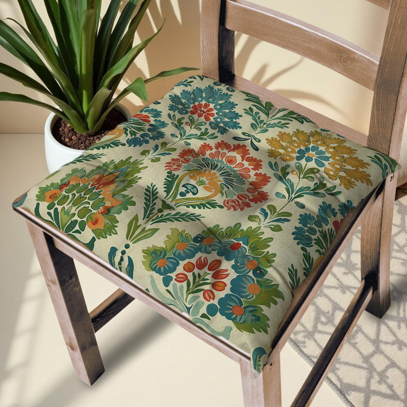 Floral Linen Chair Cushion: Handmade Rustic Seat Pad with Ties