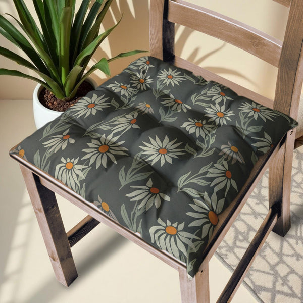 Dark Daisy Floral Chair Cushion: Handmade Charcoal Cotton Linen Seat Pad