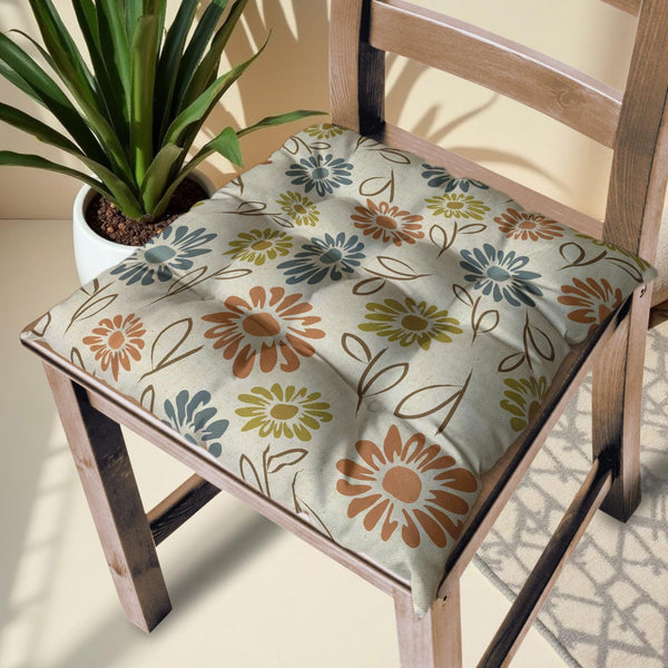 Retro Daisy Chair Cushion: Mid-Century Floral Linen Seat Pad