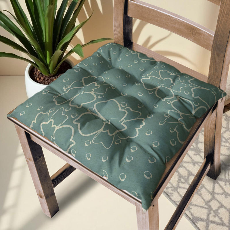 Floral Linen Chair Cushion: Minimalist Green & White Line Art, Handmade Seat Pad