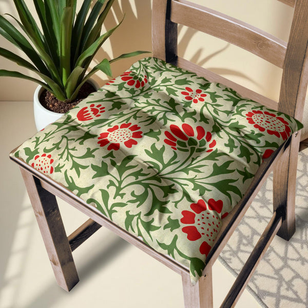 Red Floral Chair Cushion: Handmade Cotton Linen Seat Pad - Farmhouse Style