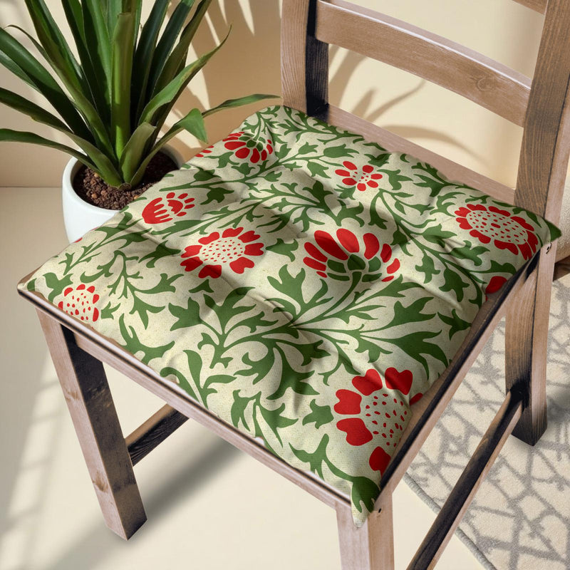 Red Floral Chair Cushion: Handmade Cotton Linen Seat Pad - Farmhouse Style