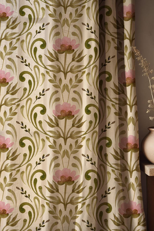 Art Nouveau Floral Curtain: Pink & Green Botanical Linen Drapery