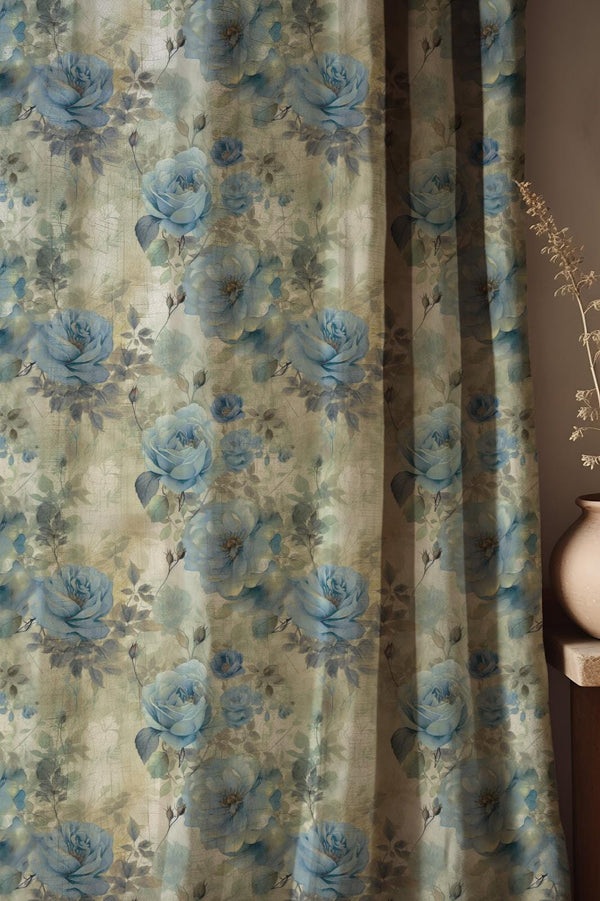 Blue Rose Linen Curtain: Watercolor Floral Botanical Drapery