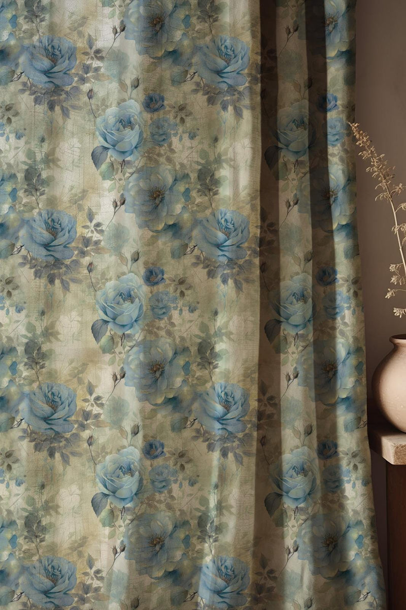 Blue Rose Linen Curtain: Watercolor Floral Botanical Drapery