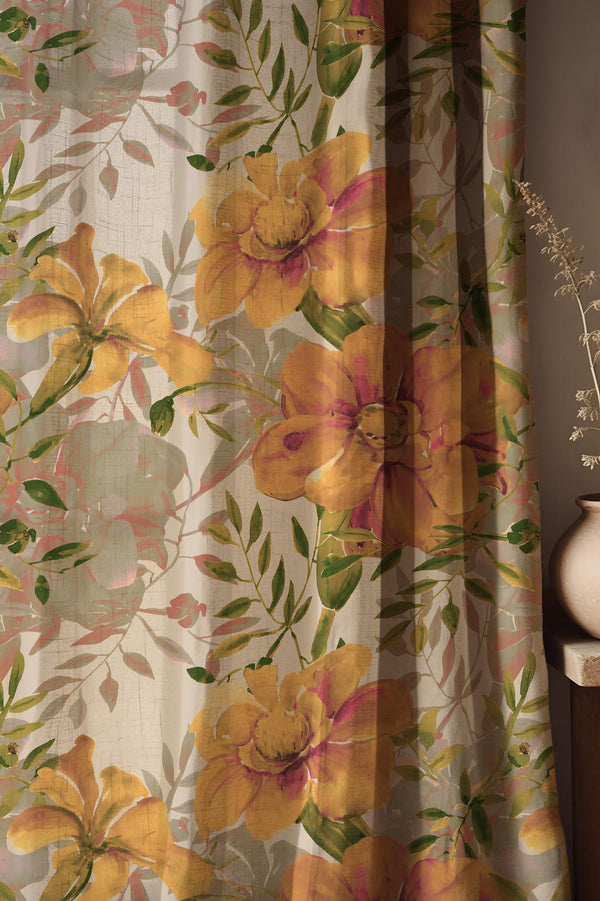 Watercolor Floral Linen Curtain: Yellow & Pink Flower Print, Cottagecore Decor