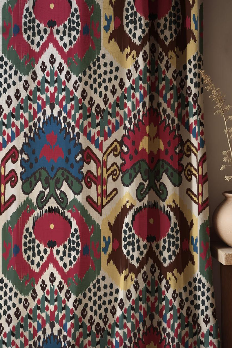 Ikat Linen Curtain: Boho Tribal Ethnic Window Panel