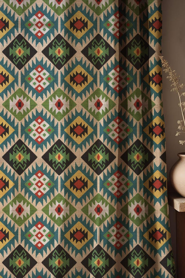 Geometric Kilim Curtain: Tribal Aztec Boho Linen Window Panel