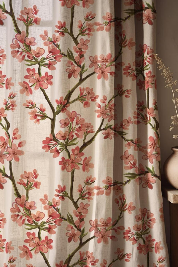 Cherry Blossom Linen Curtain: Pink Floral Branch Botanical Window Panel