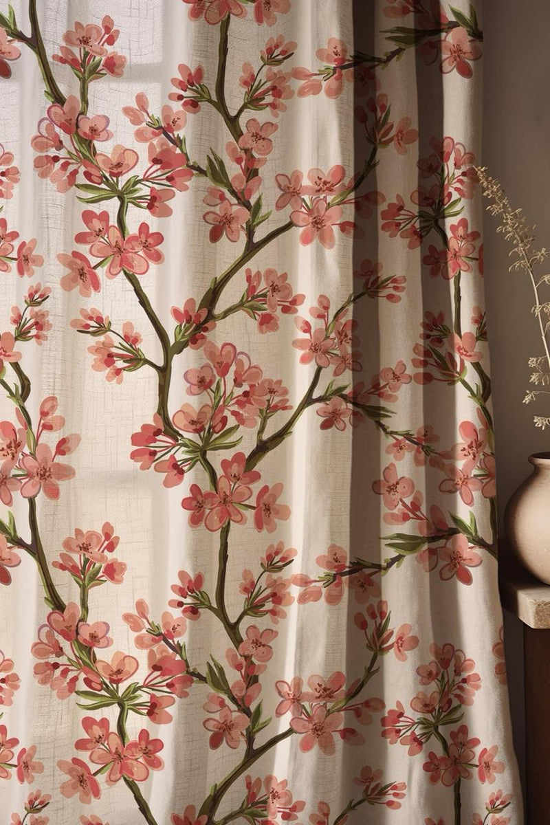 Cherry Blossom Linen Curtain: Pink Floral Branch Botanical Window Panel