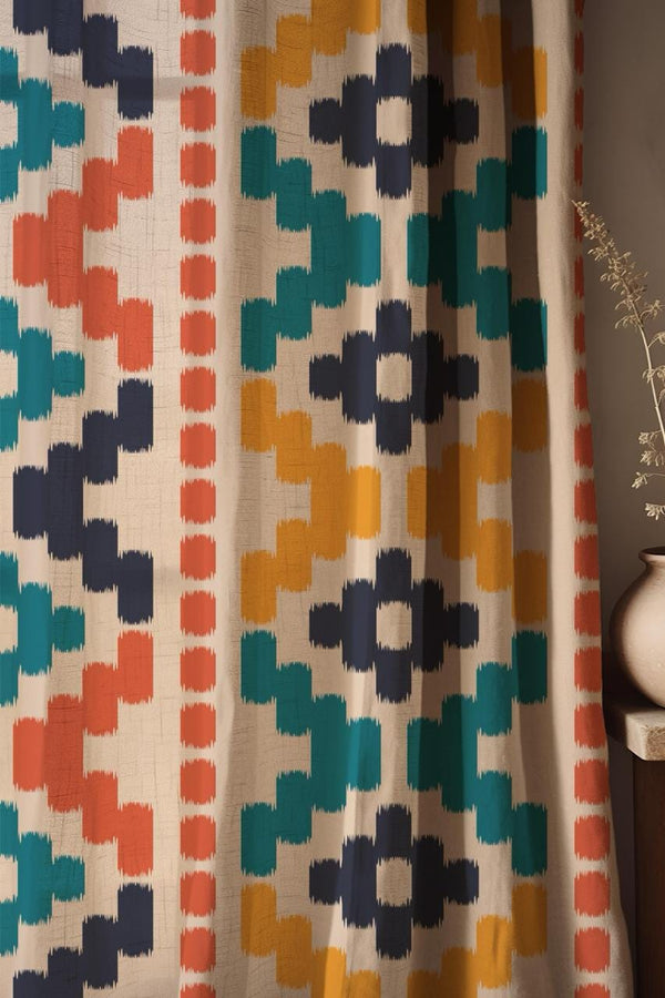 Ikat Linen Curtain: Modern Color Block Tribal Window Panel
