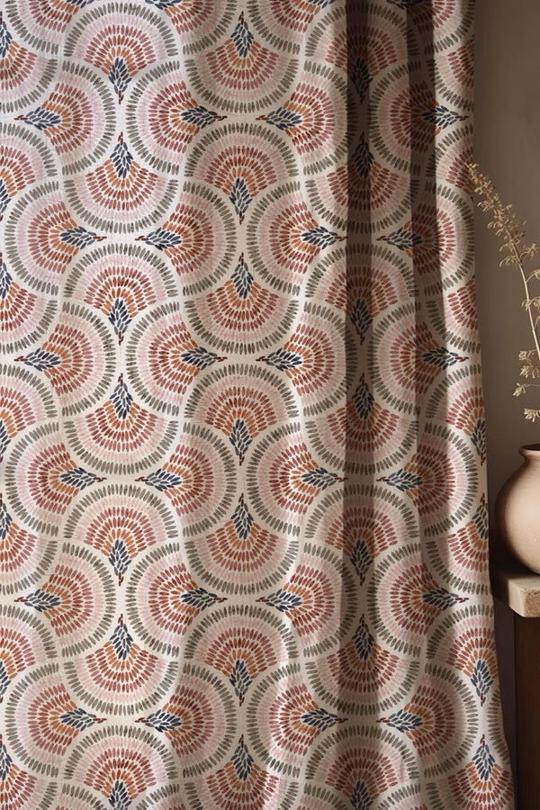 Boho Mandala Linen Curtain: Rust & Navy Geometric Window Panel