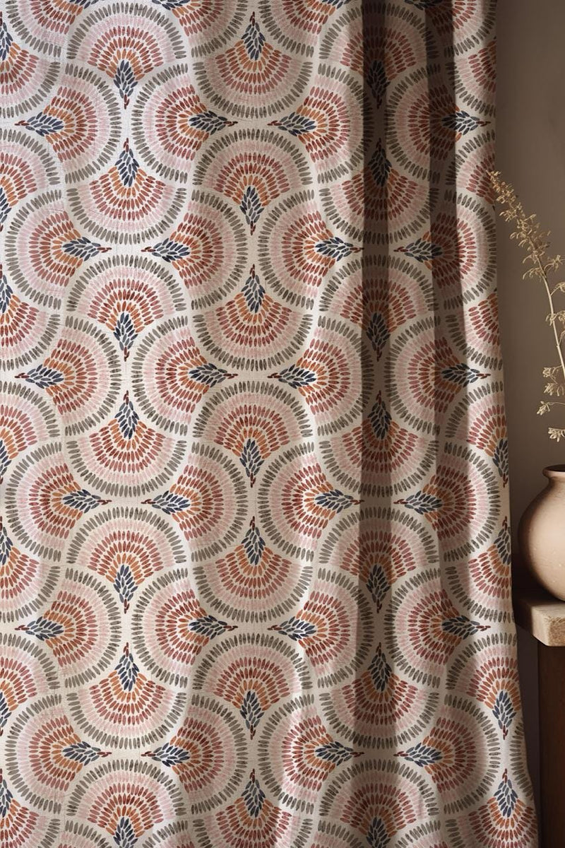 Boho Mandala Linen Curtain: Rust & Navy Geometric Window Panel