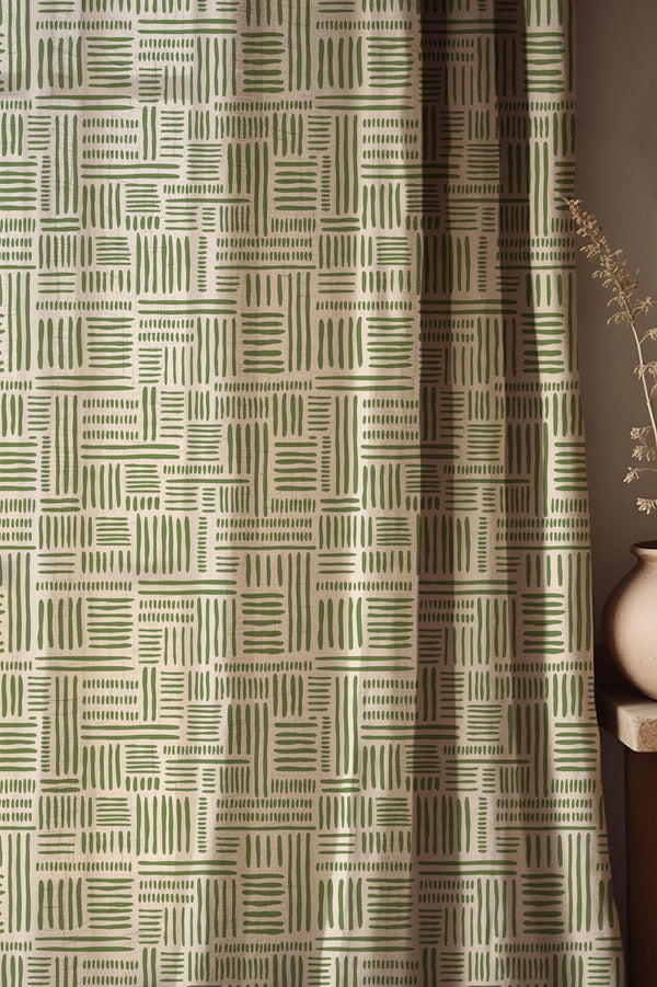 Green Geometric Linen Curtain: Modern Block Print Window Panel