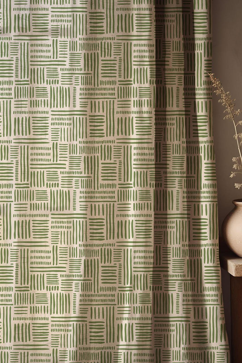 Green Geometric Linen Curtain: Modern Block Print Window Panel