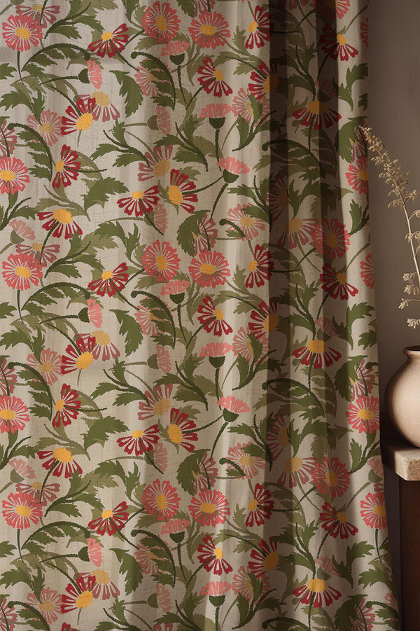 Wildflower Linen Curtain: Red & Pink Daisy Floral Botanical Drapery