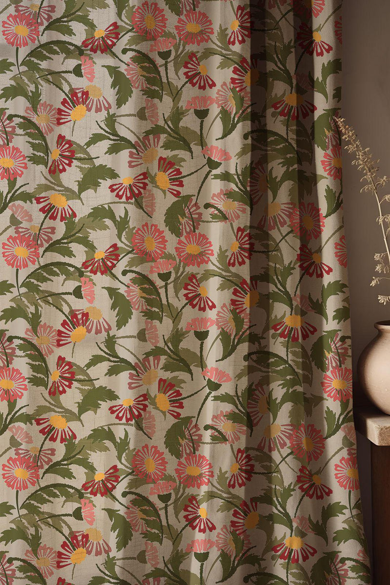 Wildflower Linen Curtain: Red & Pink Daisy Floral Botanical Drapery