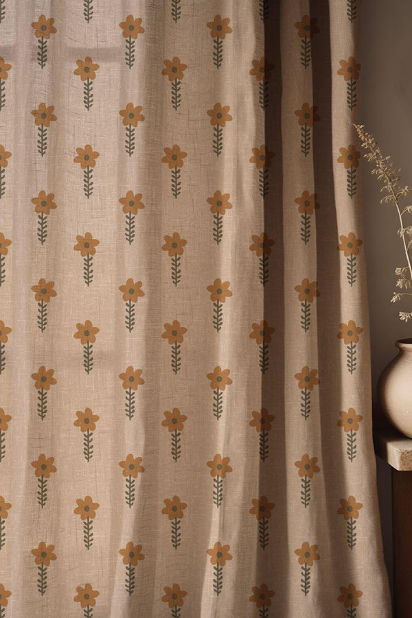 Floral Linen Curtain: Earthy Orange Daisy Print, Scandinavian Style