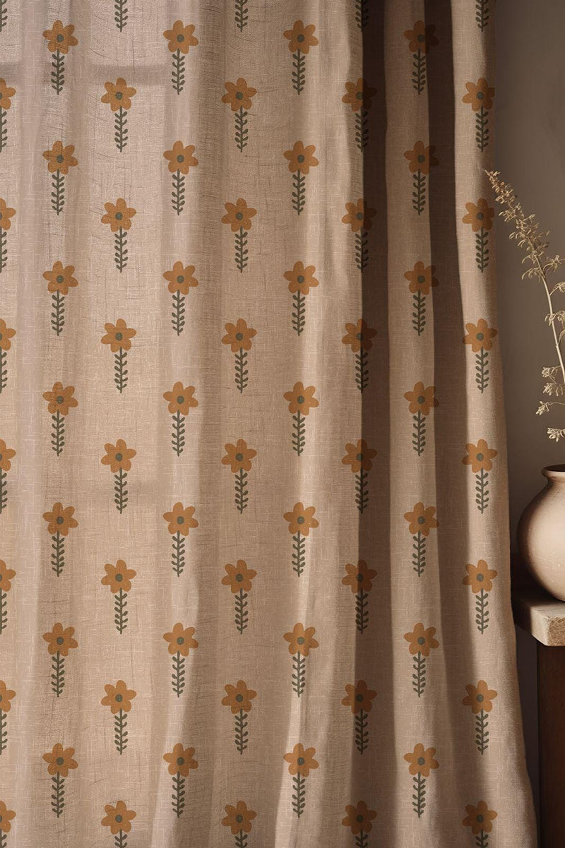 Floral Linen Curtain: Earthy Orange Daisy Print, Scandinavian Style