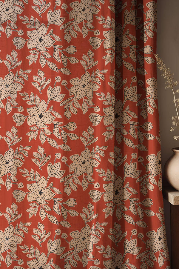 Terracotta Floral Linen Curtain: Boho Flower Print Window Panel