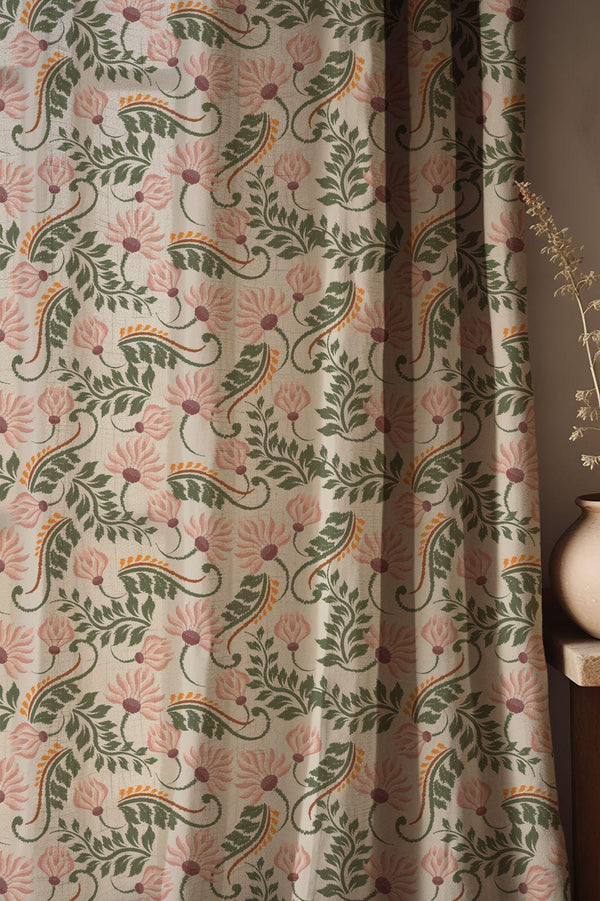 Vintage Botanical Linen Curtain: Pink Floral & Green Leaf Drapery