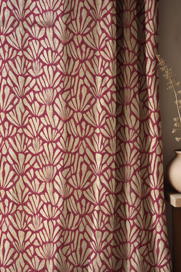 Burgundy Floral Linen Curtain: Bold Petal Print, Light Filtering